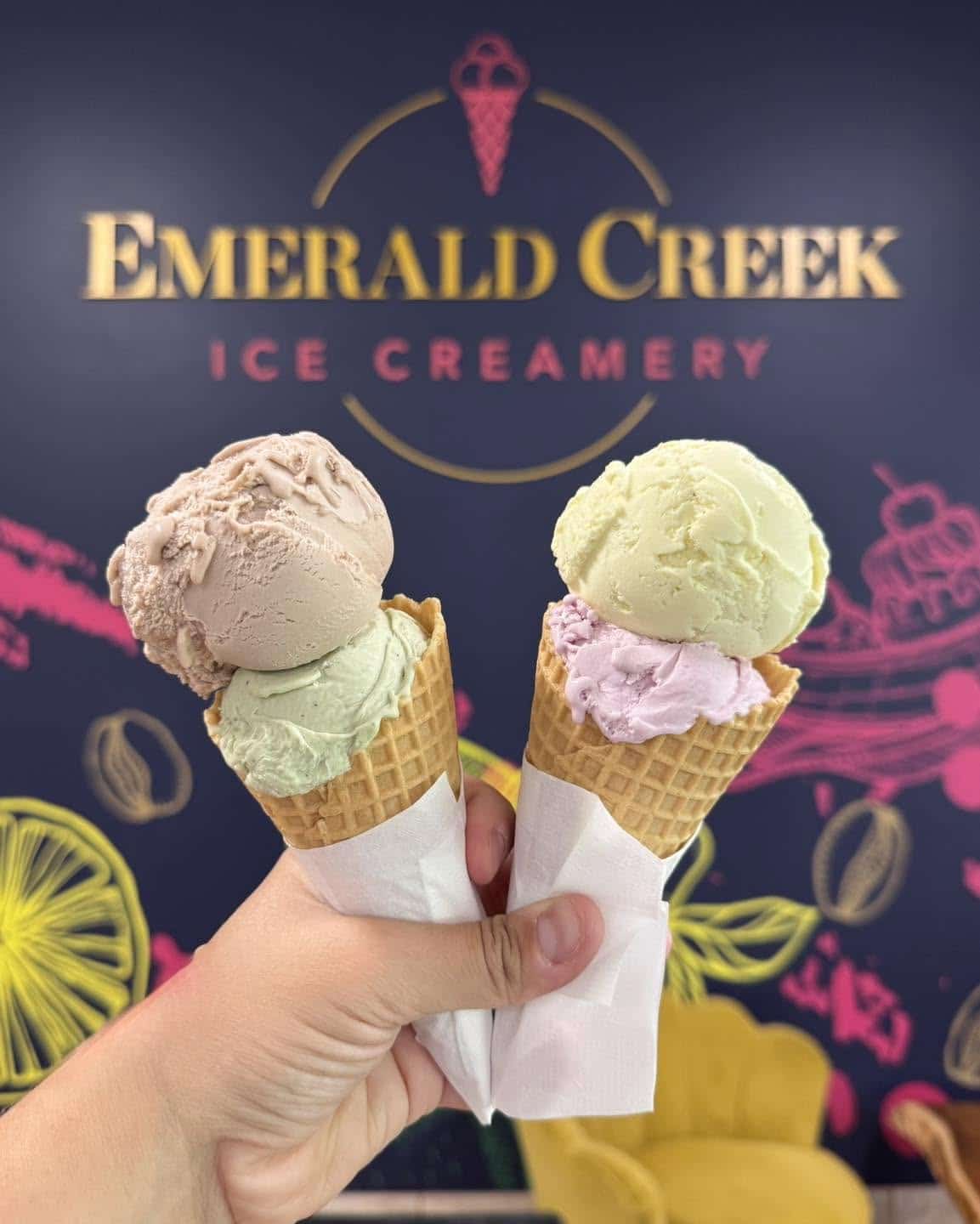 2 ice cream cones at Emerald creek ice creamery